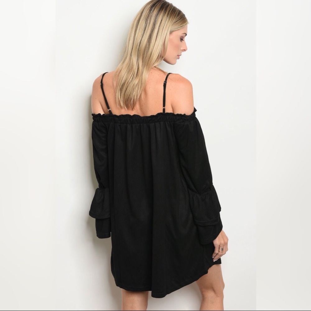 3/$15 CLEARANCE Cold Shoulder Black Suede Dress - Picture 3 of 4